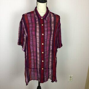 Avenue Shirt Blouse 18/20 Womans Red Purple Striped Short Sleeve Rayon Button Up